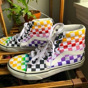 Rainbow checkerboard high top Vans